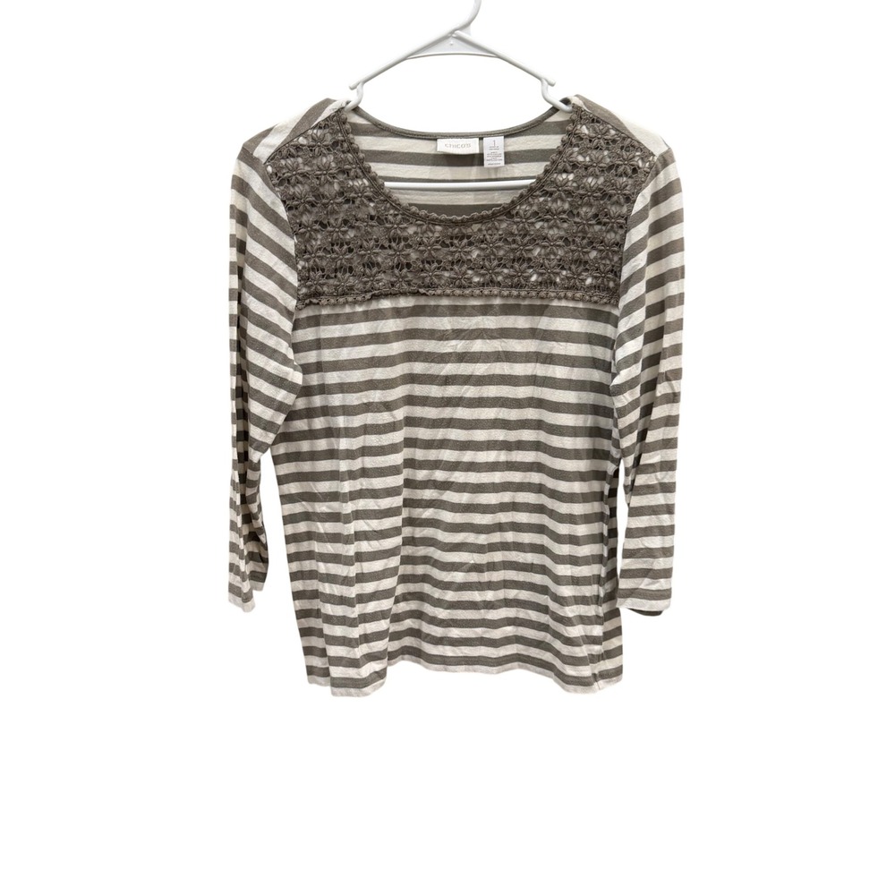 Chicos Striped Crochet Lace Yoke Top Taupe White Long Sleeve Size 1 M RN79984